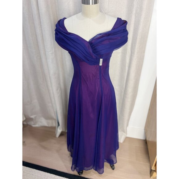 Vintage 90s CACHE Purple Chiffon Off Shoulder Evening Gown Made in USA Small - Picture 1 of 7